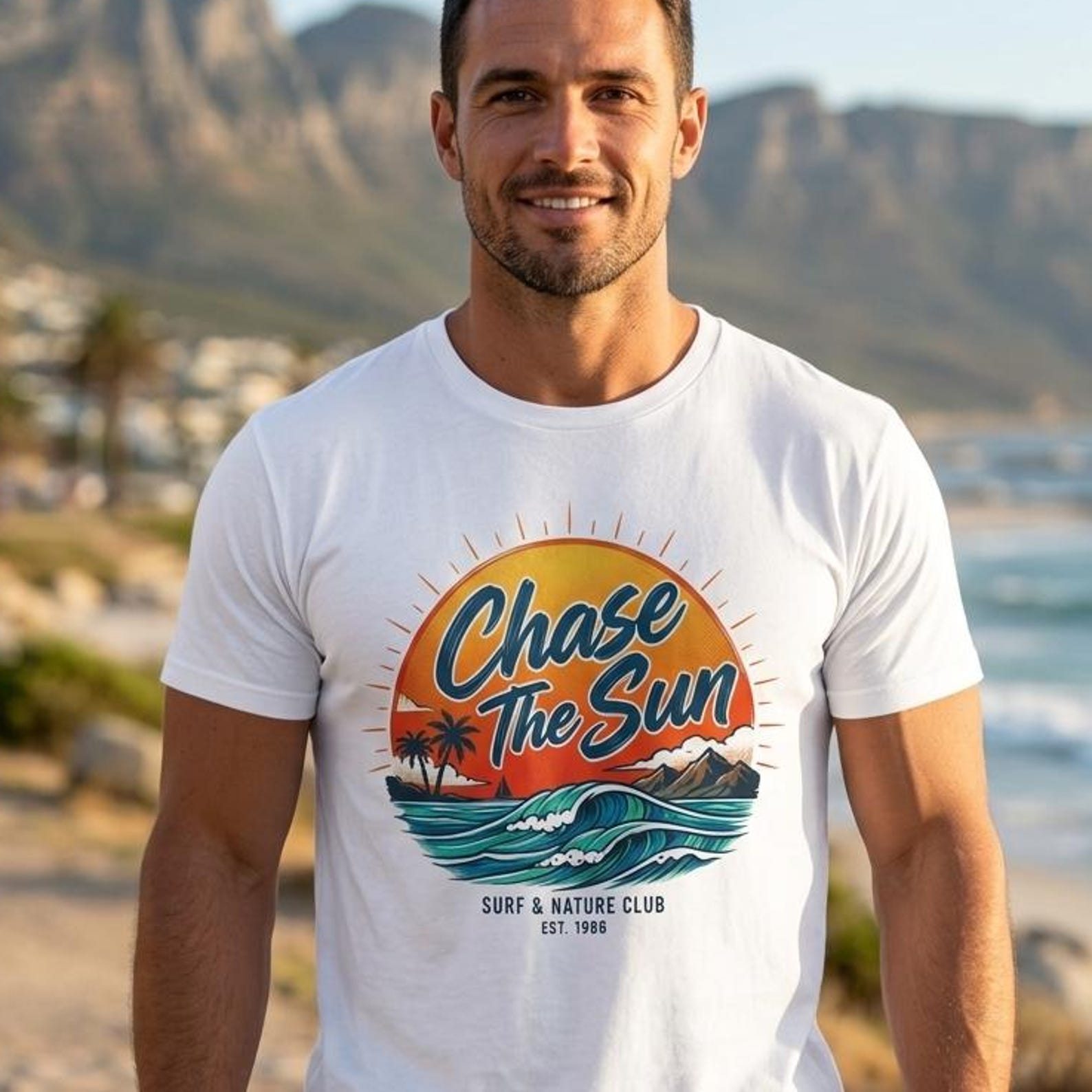 Chase the Sun Surf Graphic Tee Beach Waves Palm Trees Sunset Vintage Surf Shirt S