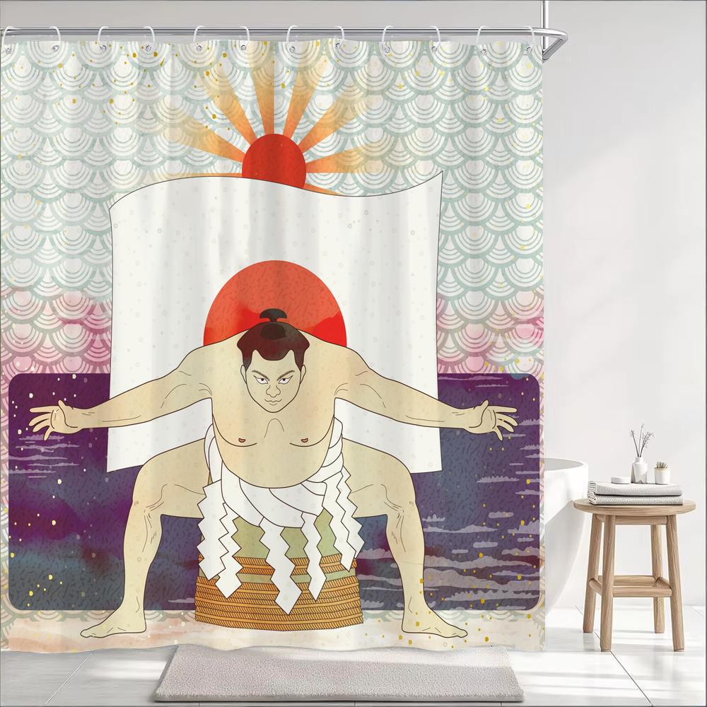 Japanese Wave Mount Fuji Plum Blossom Flower Printied Shower Curtain Waterproof Polyester Fabric Bathroom Curtains with 12 hooks