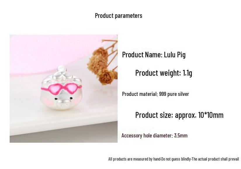 Sterling Silver 999 Lulu Pig Charm: Pure Silver Dragonfly, Bamboo, Braided Rope Beading Accessories, Little Pig Cartoon Luck Bead.