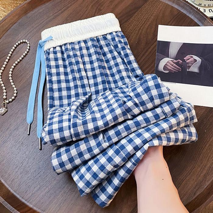 Plus Size Summer Blue Plaid Pants - Women s Retro Fashion, Stylish and Loose-Fitting Casual Slimming Pants XL