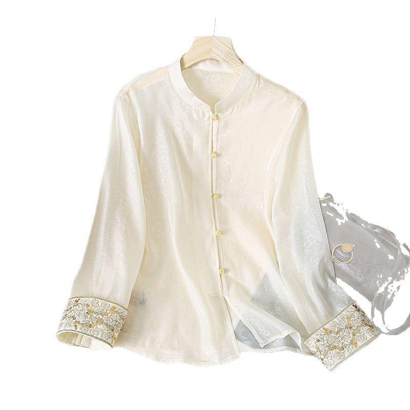 2025 High-End Faux Silk Jacquard Embroidered Top with Chinese Frog Buttons and Stand Collar for Women