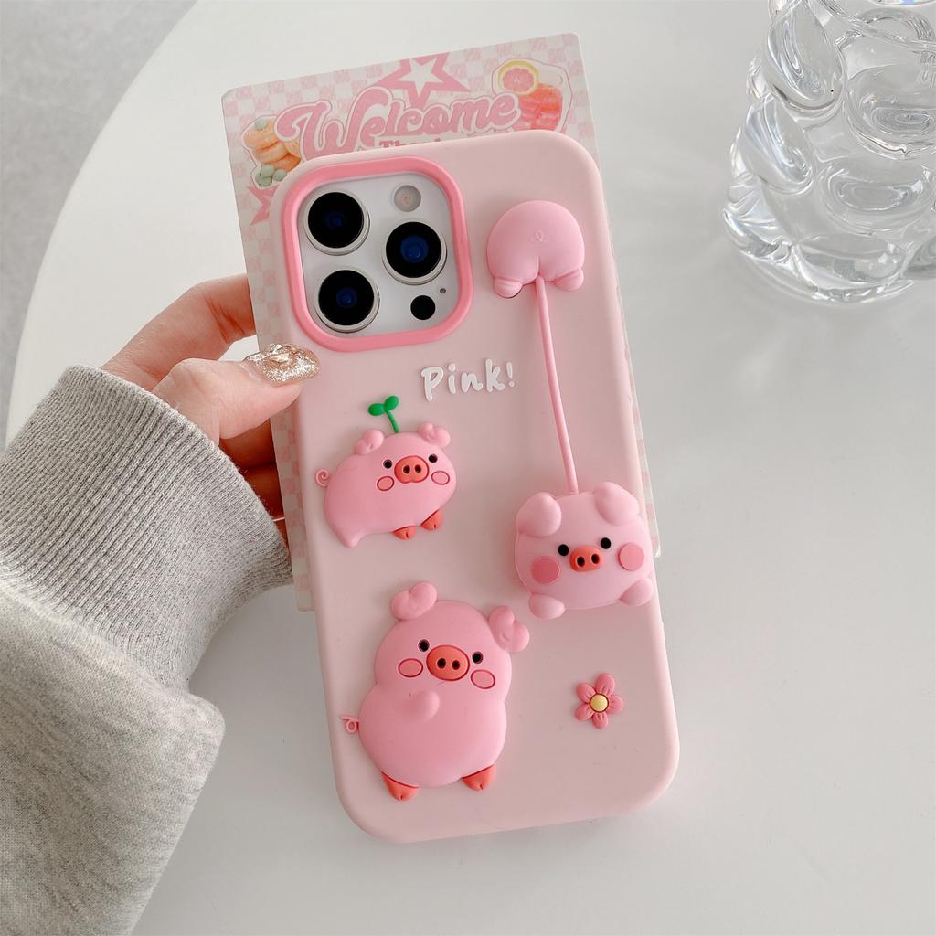 For iPhone 16 Pro Max Silicone Case Cute 3D Cartoon Pig Pendant Shockproof Phone Back Cover