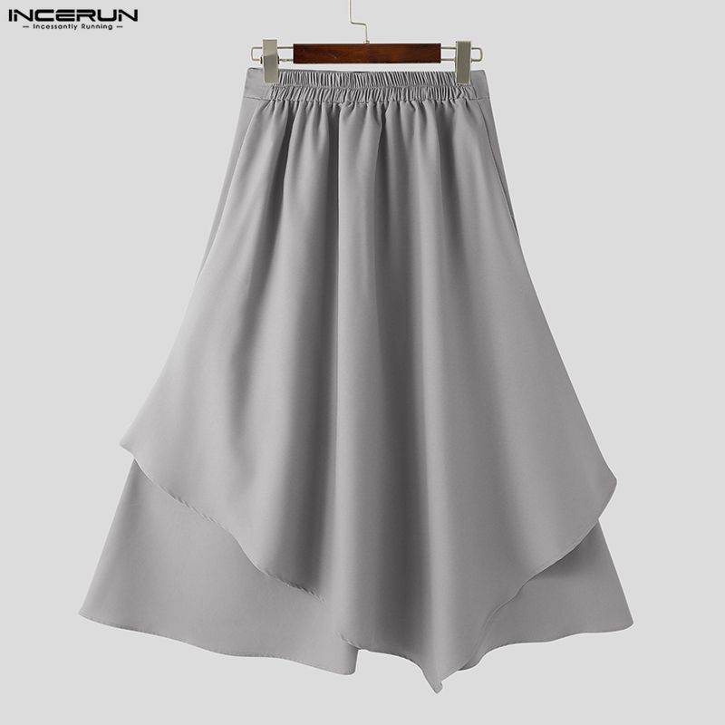 INCERUN Men Elastic Waist Irregular Pleated Gothic Skirt  Culottes