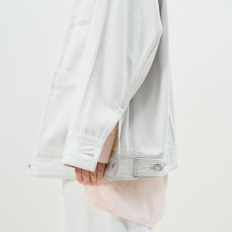 LESS Women's Loose Fit Collarless Longline Denim Jacket