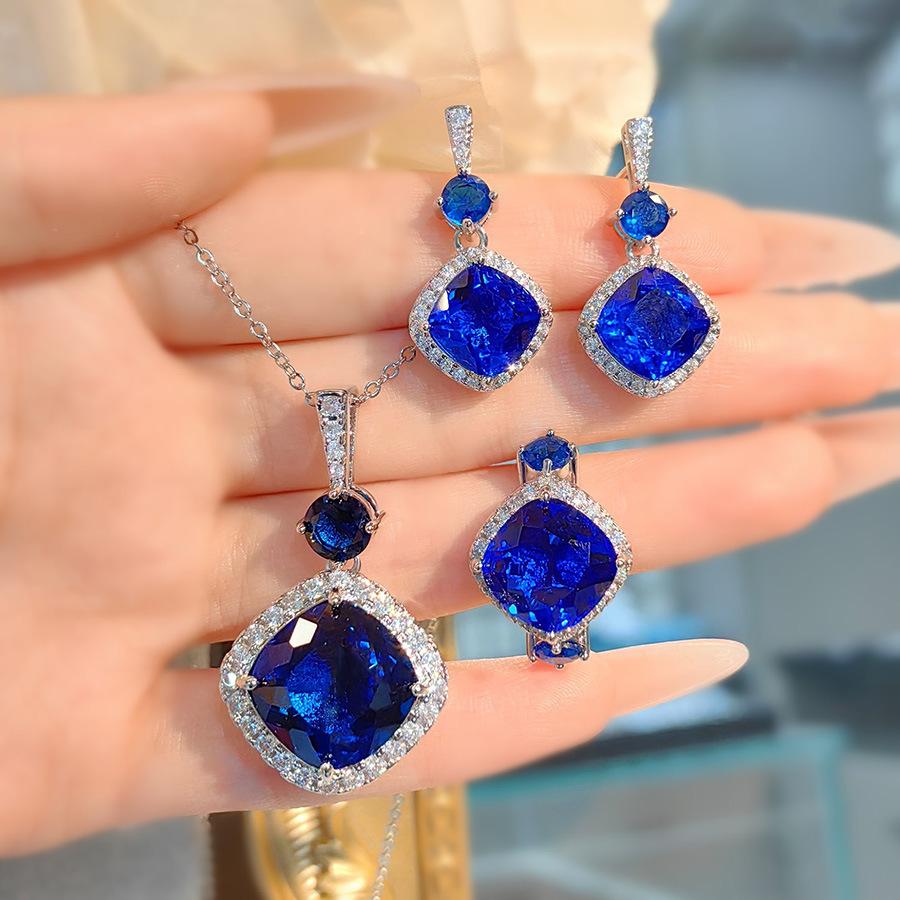 Simulation Royal Sapphire Pendant Bird'S Nest Fat Square Color Treasure Earrings Paraiba Ring Green Diamond Set Women