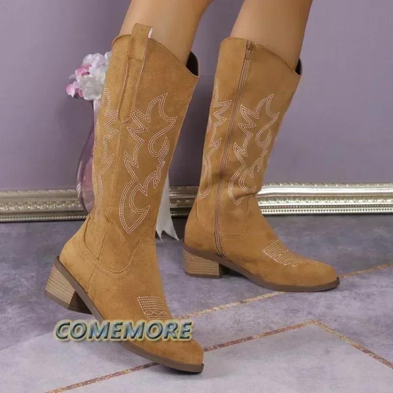 Embroidered Mid Calf Cowboy Boots for Women 2025 Autumn Retro Chunky Heels Western Boots Woman Slip on Pointed Toe Cowgirl Shoes