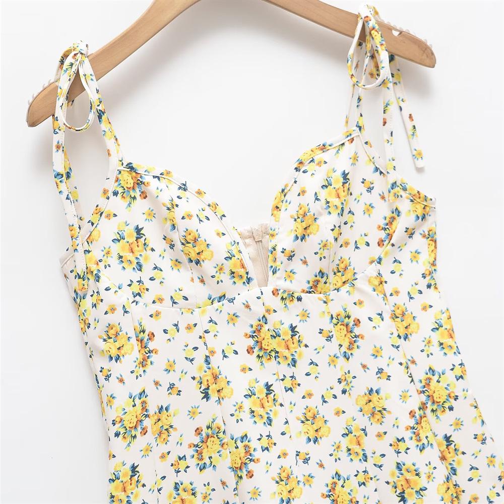 2025 Spring/Summer Slim-Fit Floral Bow Camisole Dress for Women