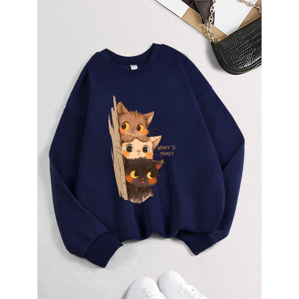 Three Little Cats Are Secretly Watching You Print Hoodie Women Street Loose Sweatshirt Basics Sporty Winter Clothes