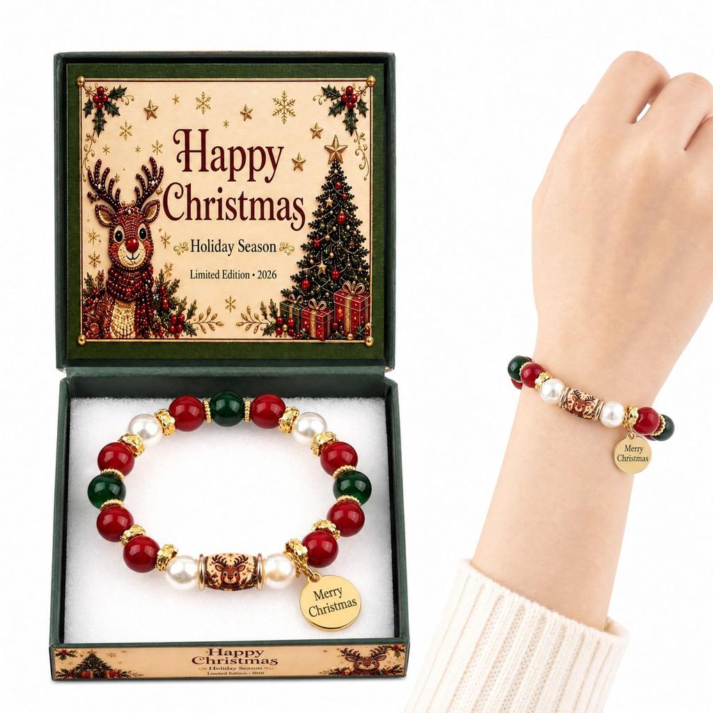 Personalized Custom Engraved Christmas Theme Bracelet with and Natural, Holiday Jewelry Gift