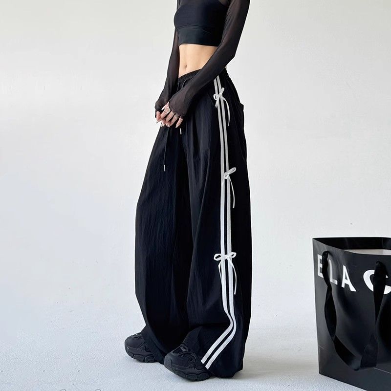 

Американский винтаж Две полосы Боковая полоса Бант Кулиска Завязки на щиколотках Брюки карго широкие женские с высокой талией повседневные спортивные штаны Black S