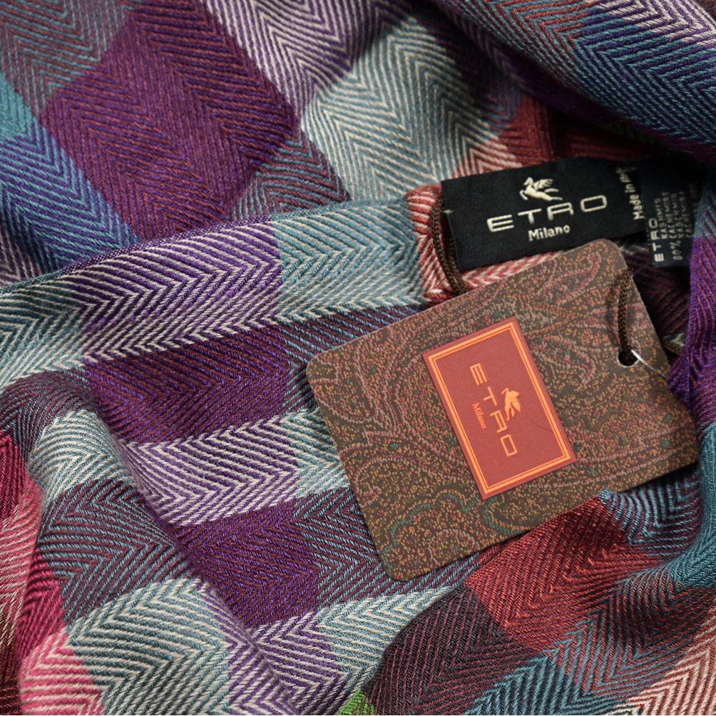 Used ETRO / Stole Scarf Autumn/Winter Ladies Unisex Cashmere Silk Check Multicolor 407016