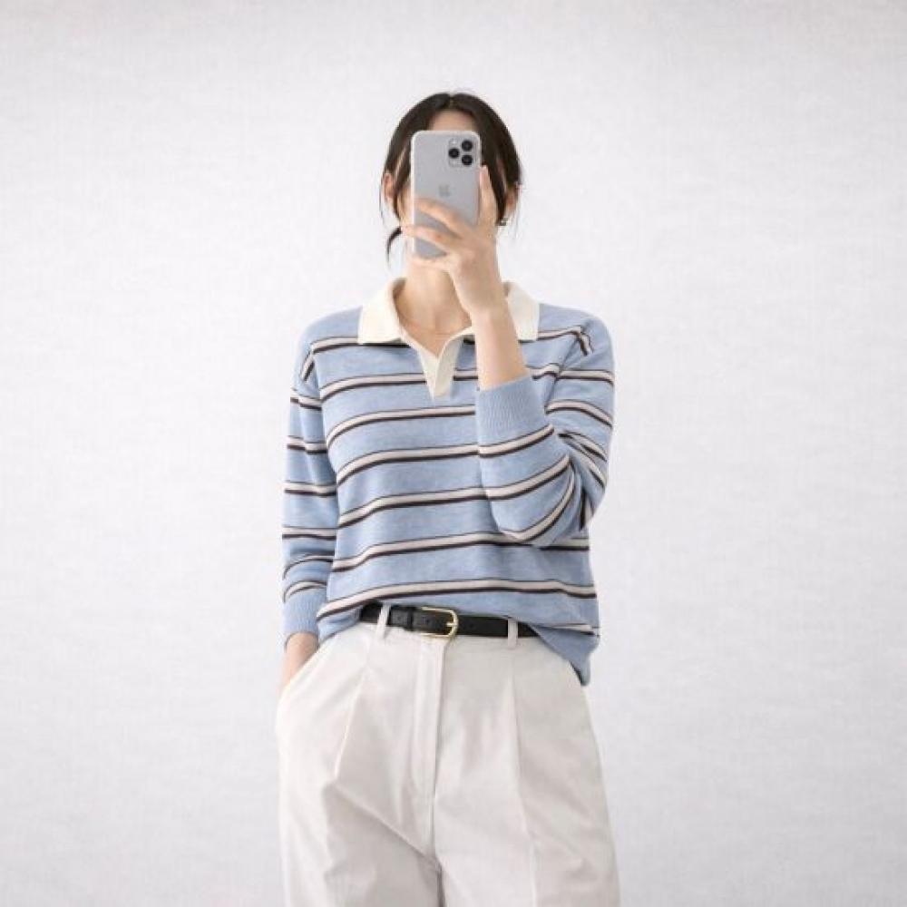 Mizqz Loose Fit Stripe Open Collar Knit Long Sleeve