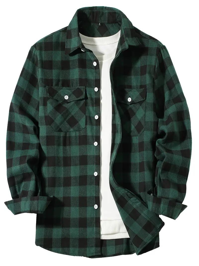 

Men s Hooded Plaid Long-Sleeve Shirt - Fashionable and Casual with a Lapel Design. 3XL темно-зеленого