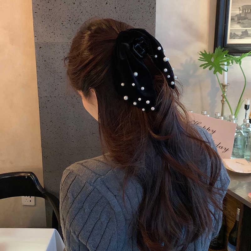Velvet Pearl Bow Hair Clip for Women - Korean New Year Style Ponytail & Duckbill Hair Accessory