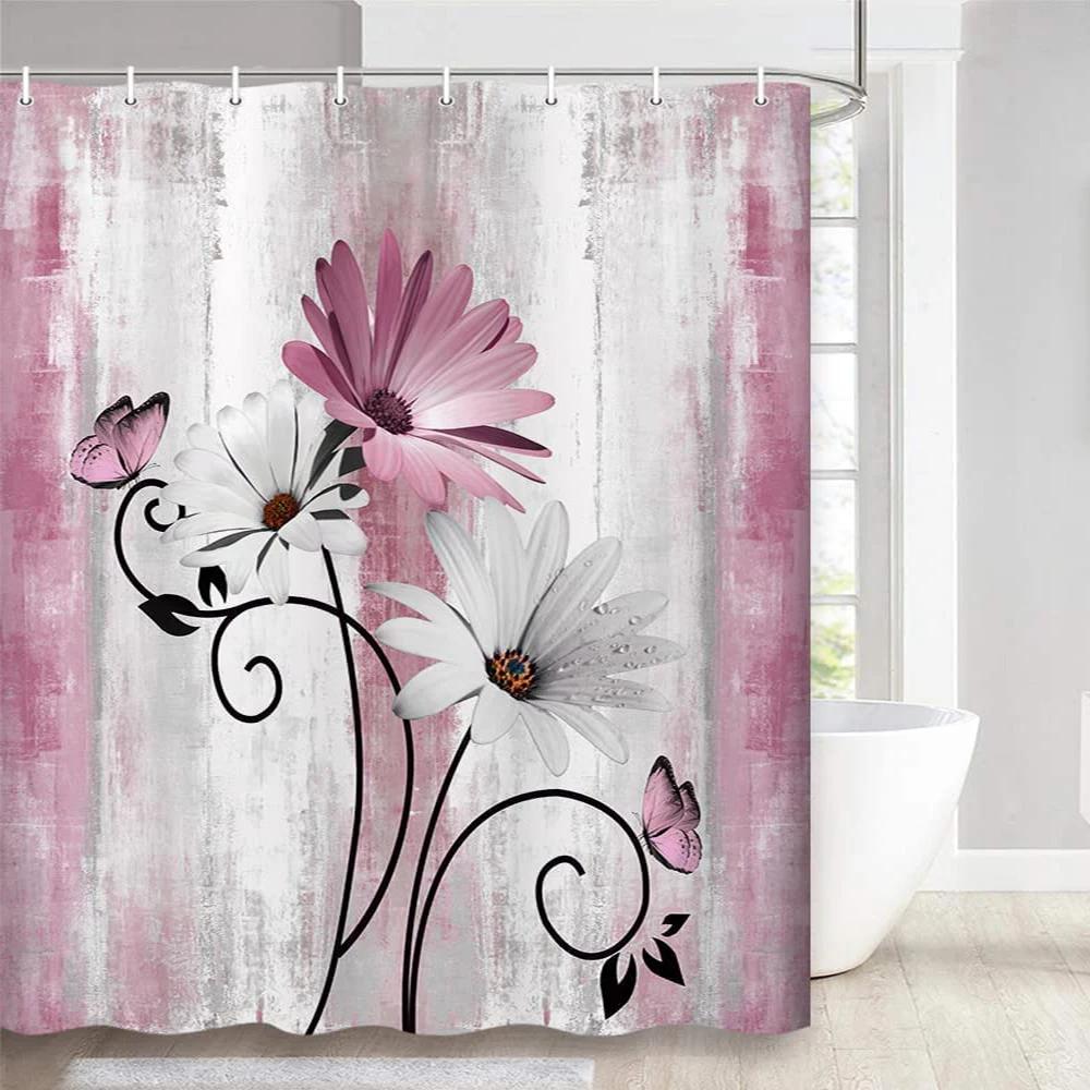 Teal Large Daisy Floral and Butterfly Shower Curtain Turquoise Bathroom Curtain Waterproof Bathroom Decoration With Hooks
