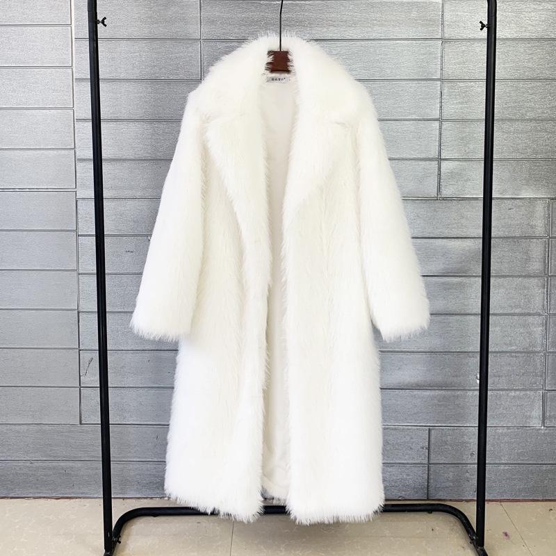 European & American Women's Winter Faux Fur Long Coat with Suit Collar