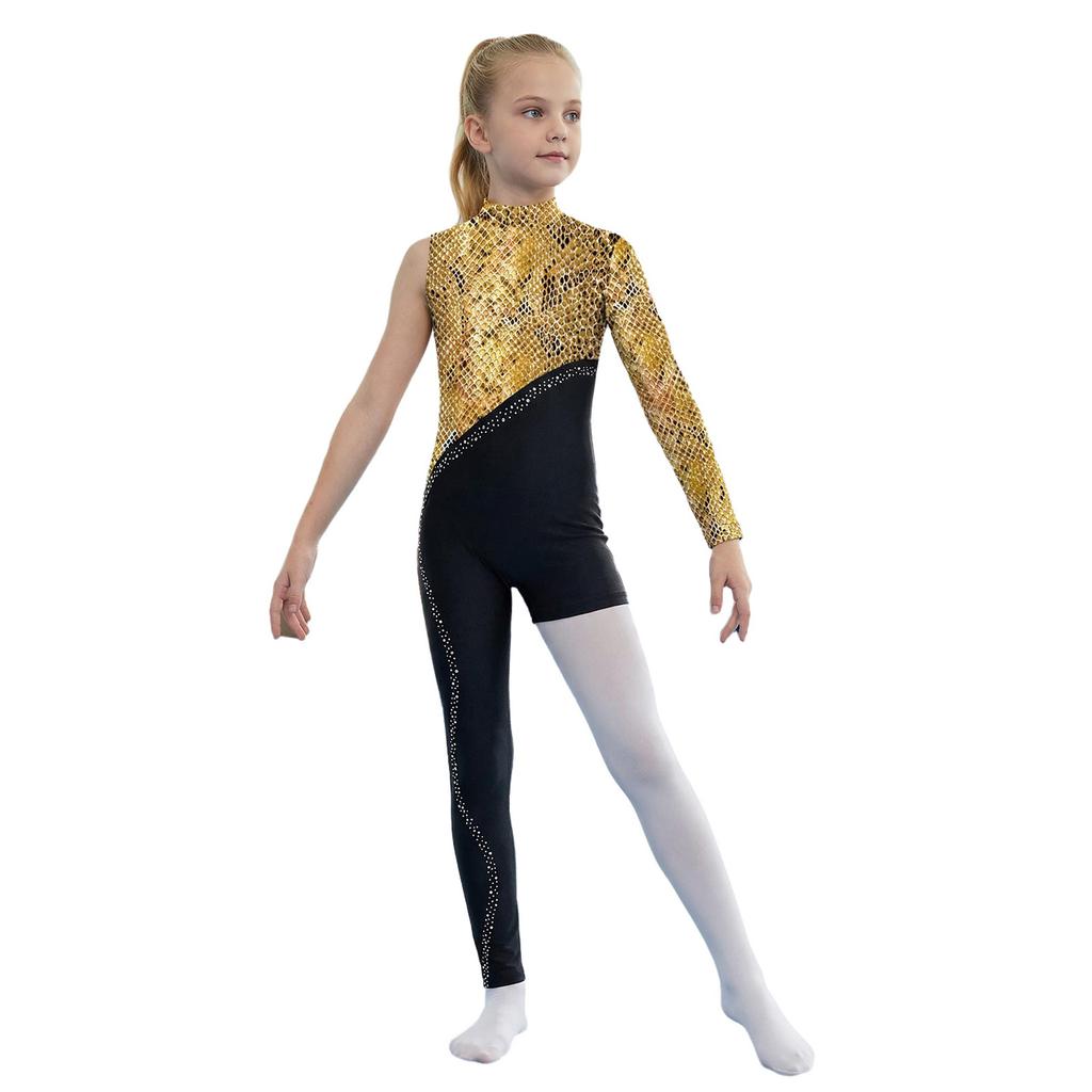 Girls Gymnastics Leotard Sparkly Rhinestone Invisible Zipper Printed Full Length Skating Jumpsuit