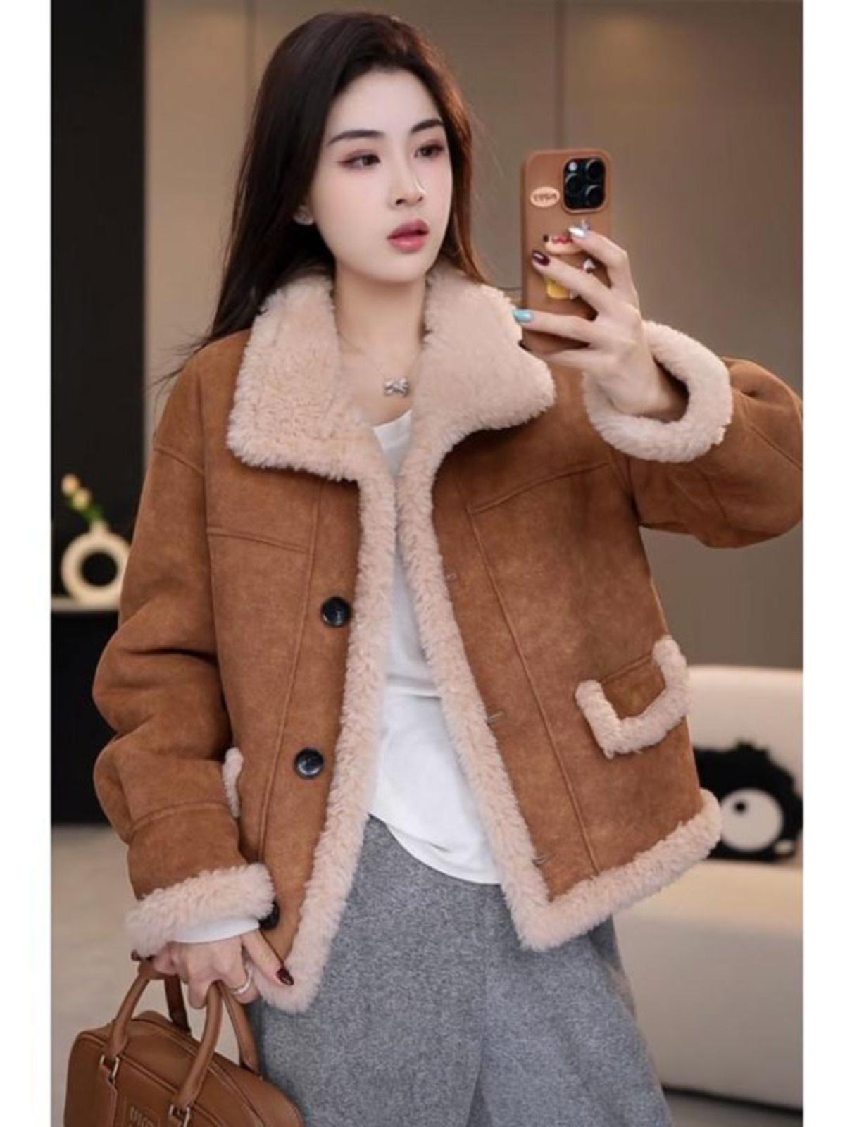 

Женское двустороннее пальто из кожи и меха овчины – Модная зимняя куртка 2024 L хаки