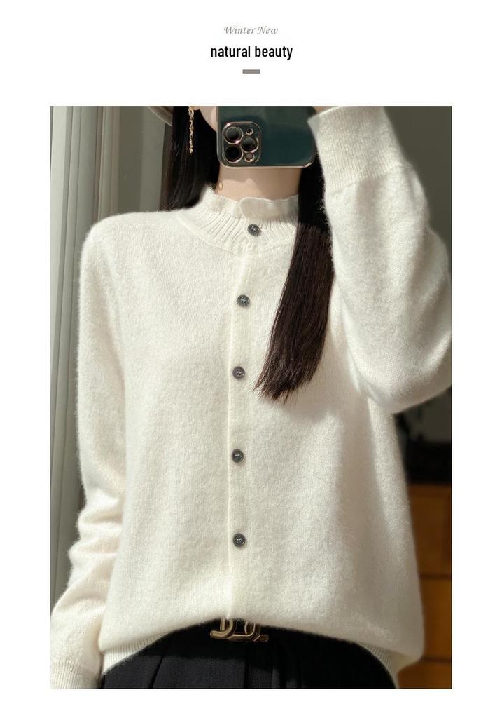 Women's Ruffle Wool Cardigan: Soft, Skin-Friendly, 100% Wool, Versatile Autumn and Winter Outerwear.