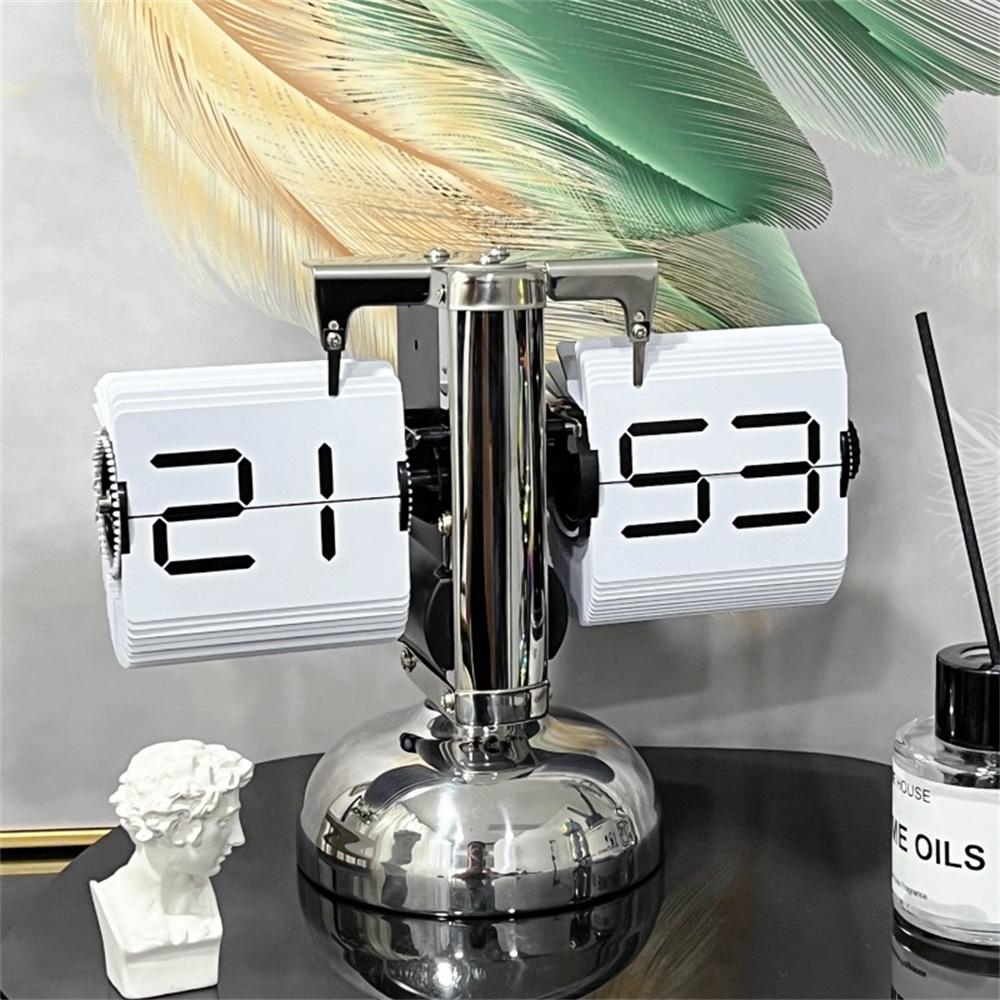 

Automatic Flip Clock Quartz Movement Single Foot Retro Simple Home Table Clock 24-Hour Stainless Steel White Page Digital Font Type A