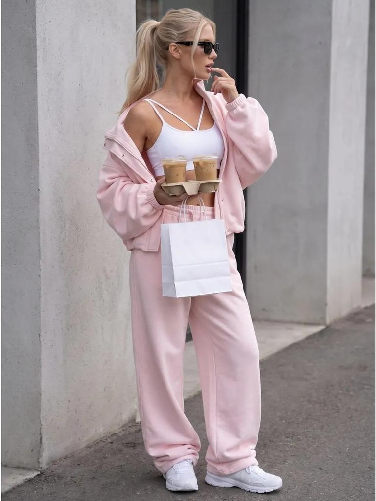 Basic full zipper sports suit for women, loose waist jacket, elastic waist wide-leg trousers two-piece set