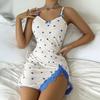 Women's Lace Trim Side Slit Cami Sleep Dress Cute Heart Print Sleeveless Ribbed Nightgown Sexy Spaghetti Strap Summer Loungewear