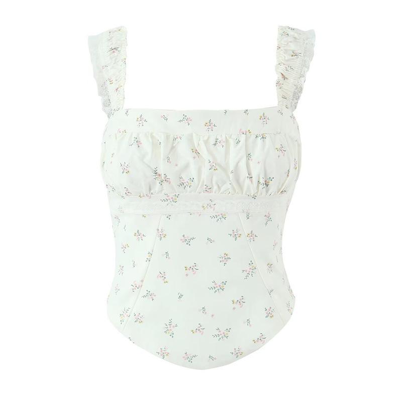 Women s Retro Floral Lace Spaghetti Strap Tank Top - Waist-Cinched, Slimming Curved Summer Vest Large розовый/цветочный