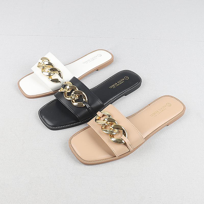 Fashion Shoes Woman 2025 Slippers Soft Comfort Flat Slides Casual Chain Leisure Flat Shoes Female Ladies' Slippers Soft Chain Slides Cas