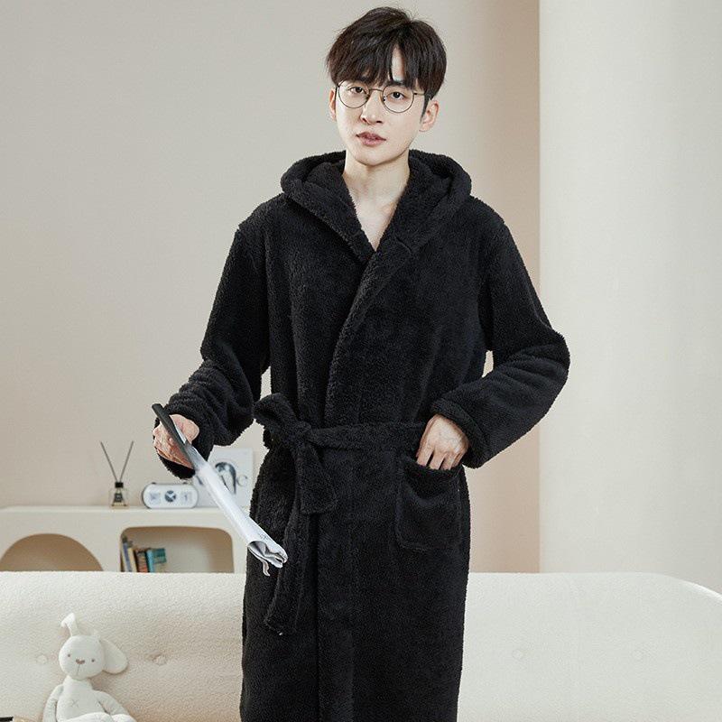 

2025 Парный пижамный халат с капюшоном: Коралловый флис, плотная фланель, зимняя одежда для мужчин и женщин One size for Men