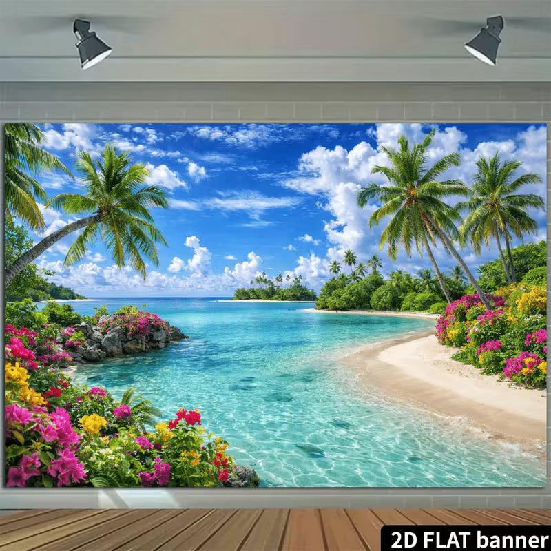 Dwuwymiarowy Baner Letni Raj, Tło z Palmami i Czystym Oceanem na Imprezę i Dekorację