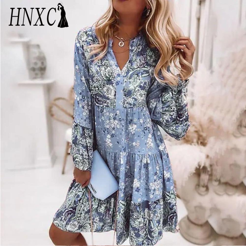 HNXC Dámská móda Bohémské květinové minišaty s výstřihem do V Ležérní volné elegantní dámské šaty na plážovou párty s rozšířenými rukávy