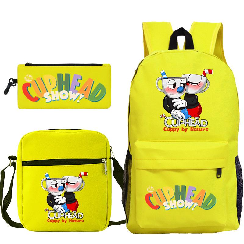 Cartoon Teacup Head Cuphead Student School Bag Backpack Three-piece Set Children's Shoulder Bag Pencil Bag