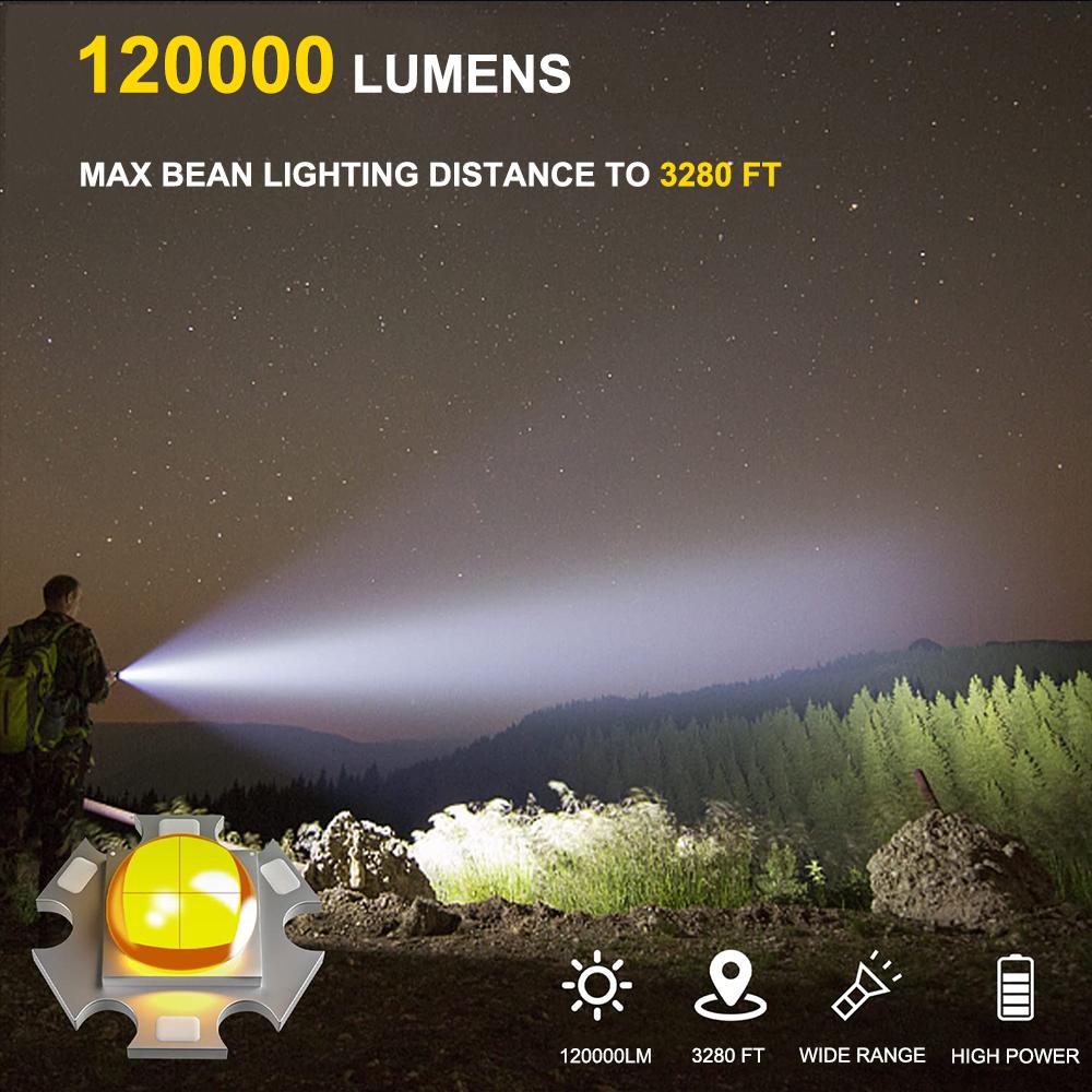 120.000 Lumen, superhelle LED-Taschenlampe, wiederaufladbar, Typ C, 9.000 mAh, XPH90 COB-Taschenlampe mit Digitalanzeige für den Außenbereich