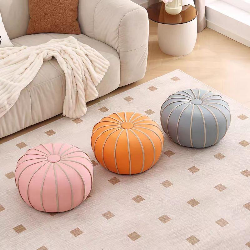 Leather Low Stool Luxury Pumpkin-Shaped Ottoman Cute Round Footrest for Living Room Sofa Shoe Changing Entryway Decor