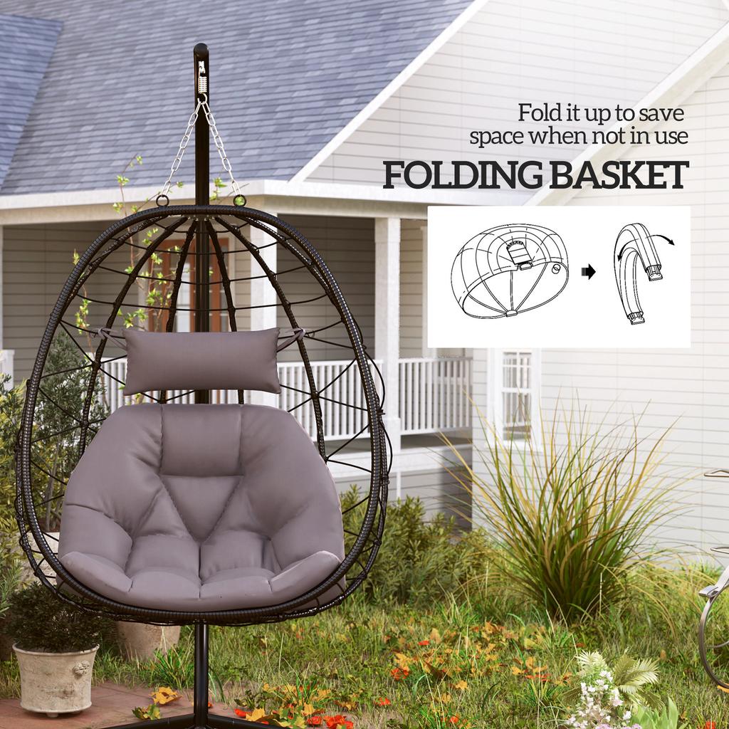 Hanging Egg Chair Outdoor Indoor Garden Swing Chair with Folding Basket, Thickened Cushion, Garden Hanging Chair with Stand, Headrest for Patio
