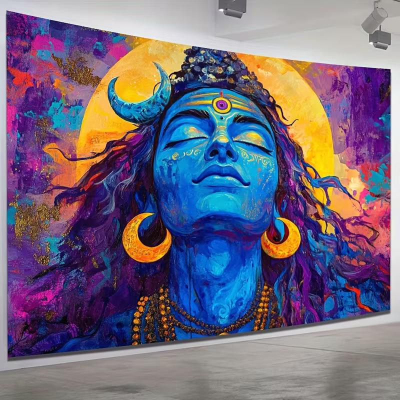 Abstract Shiva Wall Hanging with Meditative Pose, Om Symbol, and Golden Sun Halo