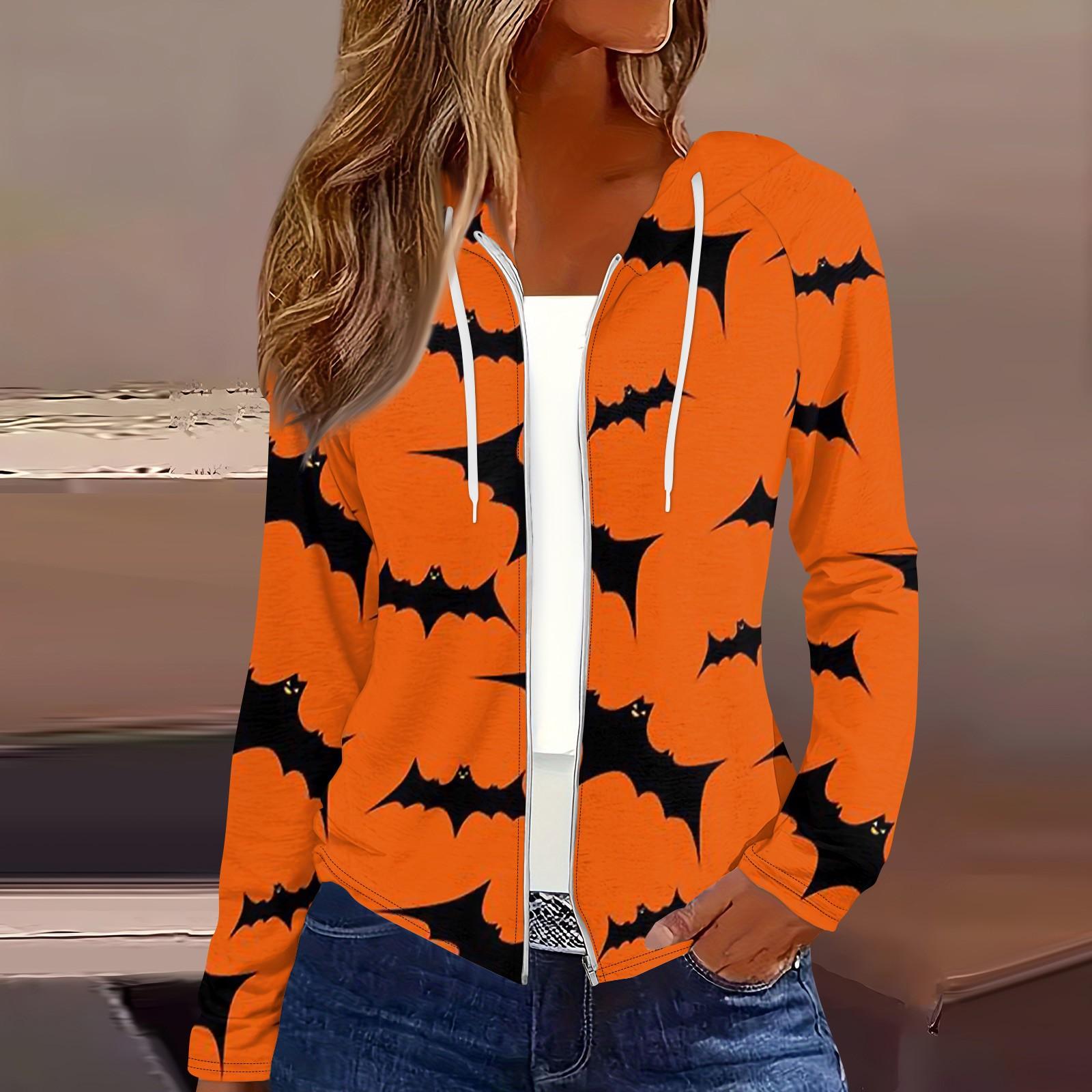 

Жіночі модні повсякденні світшоти з капюшоном і принтом на Хеллоуїн з довгим рукавом і пальто L шафрановий