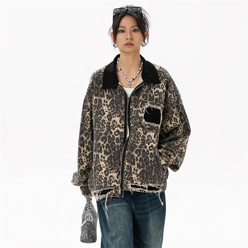 Women's Vintage Short Windbreaker Jacket Autumn 2024 Luxury Brand Cotton Leopard Denim Jackets for Woman Women's Autumn Clothes