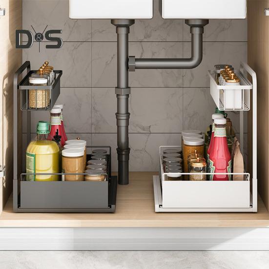 Under Sink Organizer with Sliding Drawer L-Shaped Carbon Steel Storage Rack Rust-Proof Under Sink Rack for Kitchen Bathroom Clutter