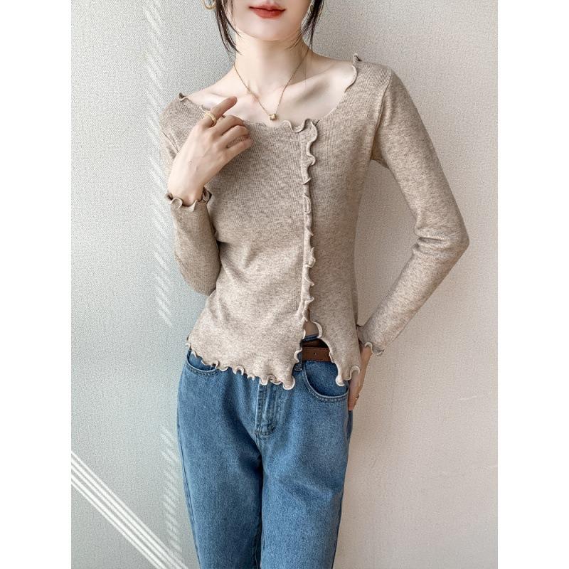 Fungus edge exposed collarbone solid color bottoming shirt women's clothing autumn new slim and thin top knitted sweater