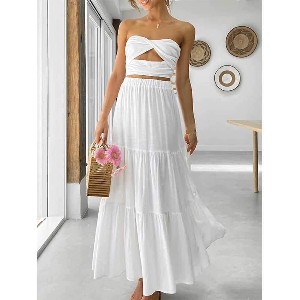 Women’s Summer Boho Flowy Swing Tiered A-Line Maxi Skirt 2025 Fashion Trendy Elastic Waist Pleated Long Beach Dress