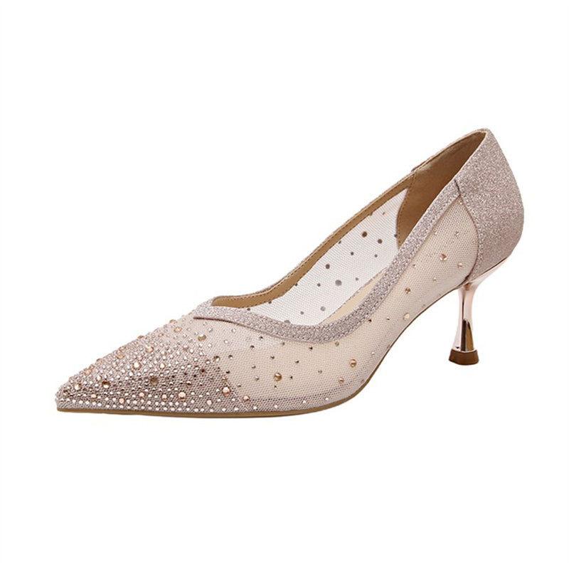 2025 Summer New High-heeled Women's Shoes Pointed Super Flash Crystal Diamond Shoes Shallow Thin Heels Sexy Banquet Shoes