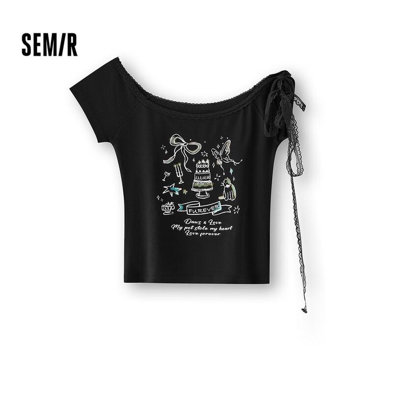 Semir Women s Off-Shoulder Lace Print Slim-Fit T-Shirt S