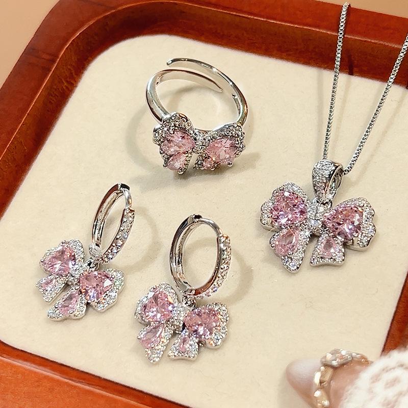 Huamei Jewelry Set Earrings Ring Pendant Pink Inlaid Butterfly Shaped Sweet Wind Female Style