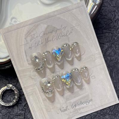 100% HANDMADE Fake Nail Set With Glue Art Almond Cat Eye Heart Diamond Gemstone Flash Phototherapy Nails Reusable and Removable Nails