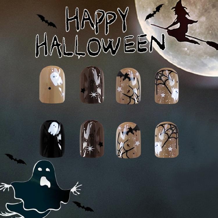 Halloween Nail Art Set 24PCS Cobweb Details And Shimmering Bat Motifs Press On Short Nails