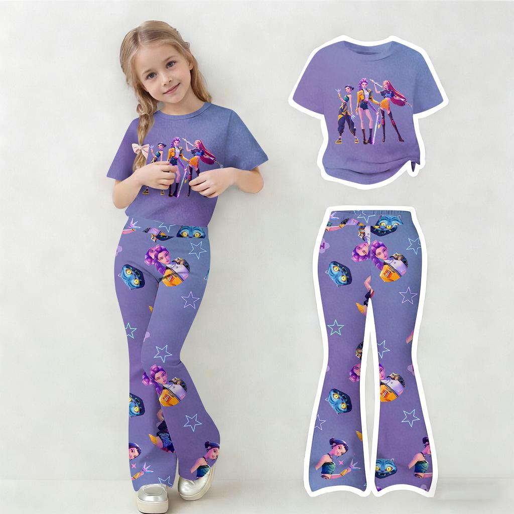 Children's Summer Sports T-Shirt And Bell-Bottom Pants Two-Piece Athletic Set Short Printed Clothing Set