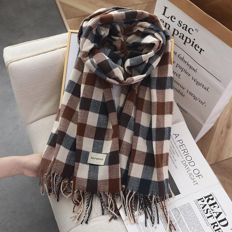 Autumn and Winter Korean Style Color Blocked Imitation Cashmere Plaid Fashionable and Versatile Thickened and Warm Student Shawl