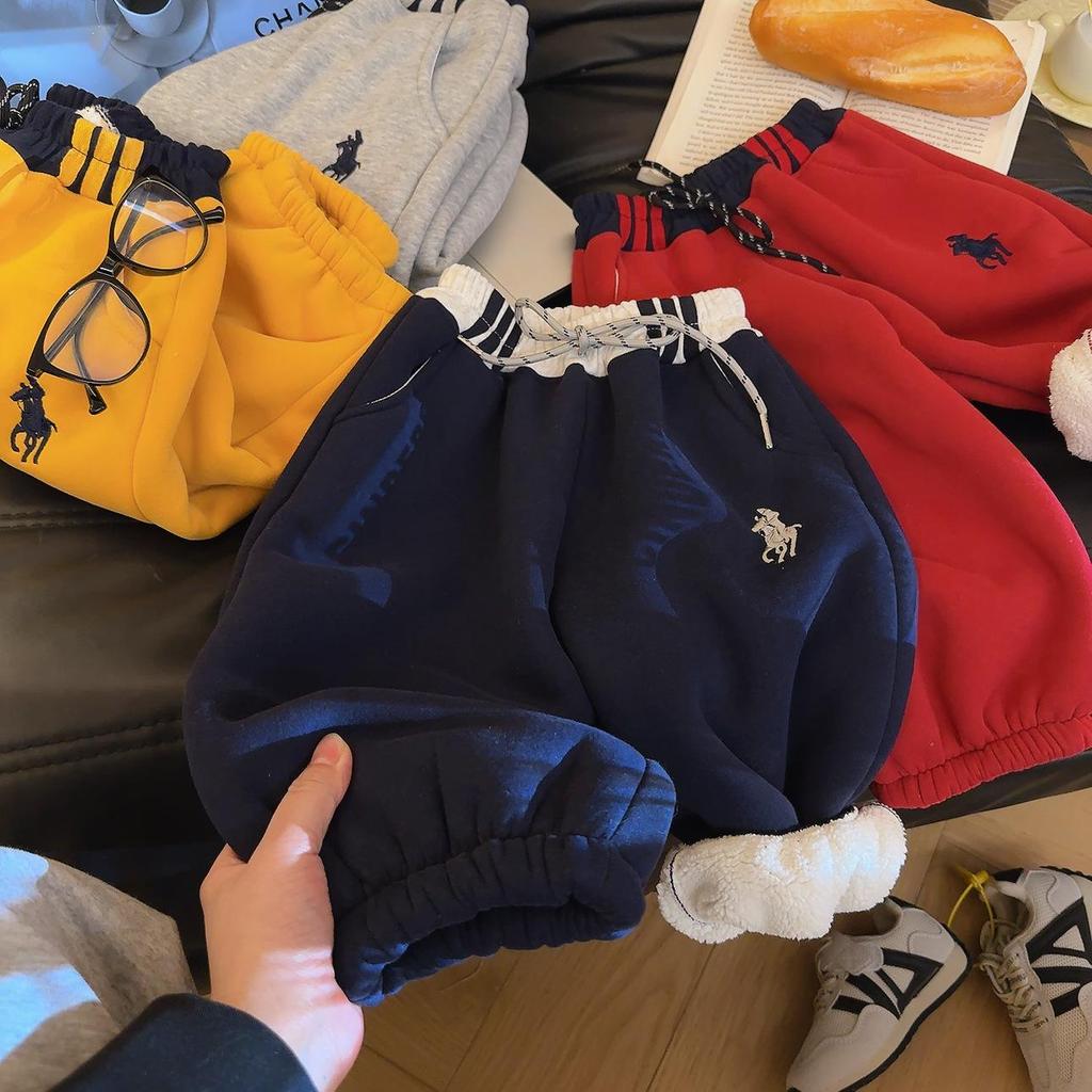 Kids' Unisex Korean Style Fleece Lined Embroidered Joggers for Autumn/Winter