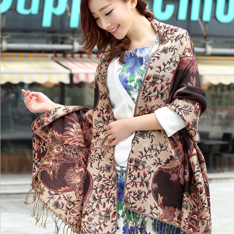 Ethnic Style Double-Sided Gold Thread Jacquard Women's Cheongsam Shawl Scarf - Thickened for Autumn and Winter